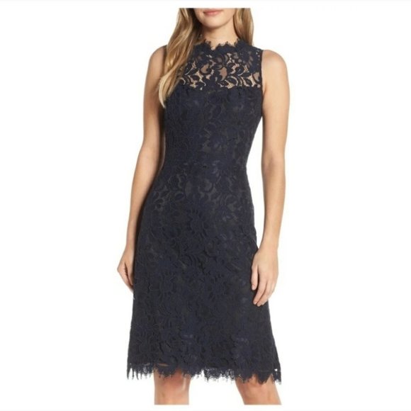 ELIZA J Navy Blue Floral Lace Sheath Dress 14